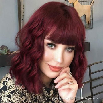 Vigorous wholesale cheap short wave burgundy color glueless synthetic hair wigs cosplay with bangs for black white women  hair